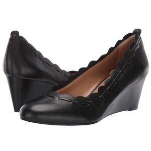 Jack Rogers Thea Soft Black Leather Scalloped Trim Round Toe Wedge Heel 6 Preppy